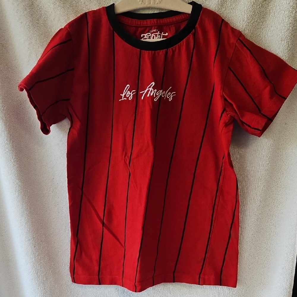 Eighty Eight Red Tee with Black Pinstripes W/ Los Angeles written Size 6
